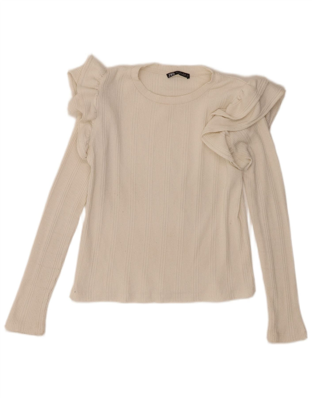 Zara Womens Ruffle Front Top Manga Longa Reino Unido 10 Pequeno Off White