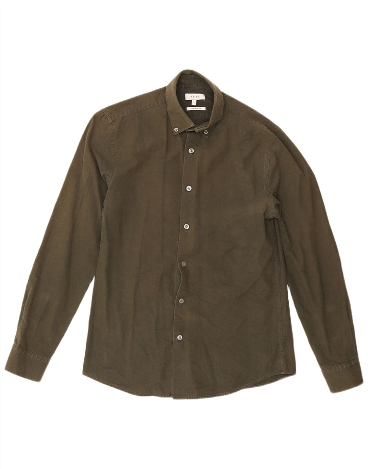 Camisa masculina Reiss Regular Fit pequena de algodão cáqui