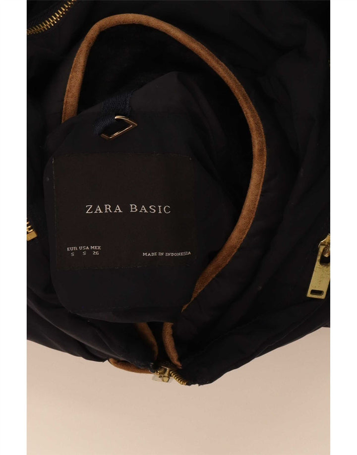 Jaqueta acolchoada com capuz feminino Zara UK 10 poliéster azul marinho pequeno