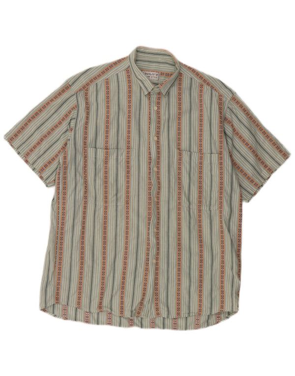 Camisa masculina vintage de manga curta algodão listrado verde médio