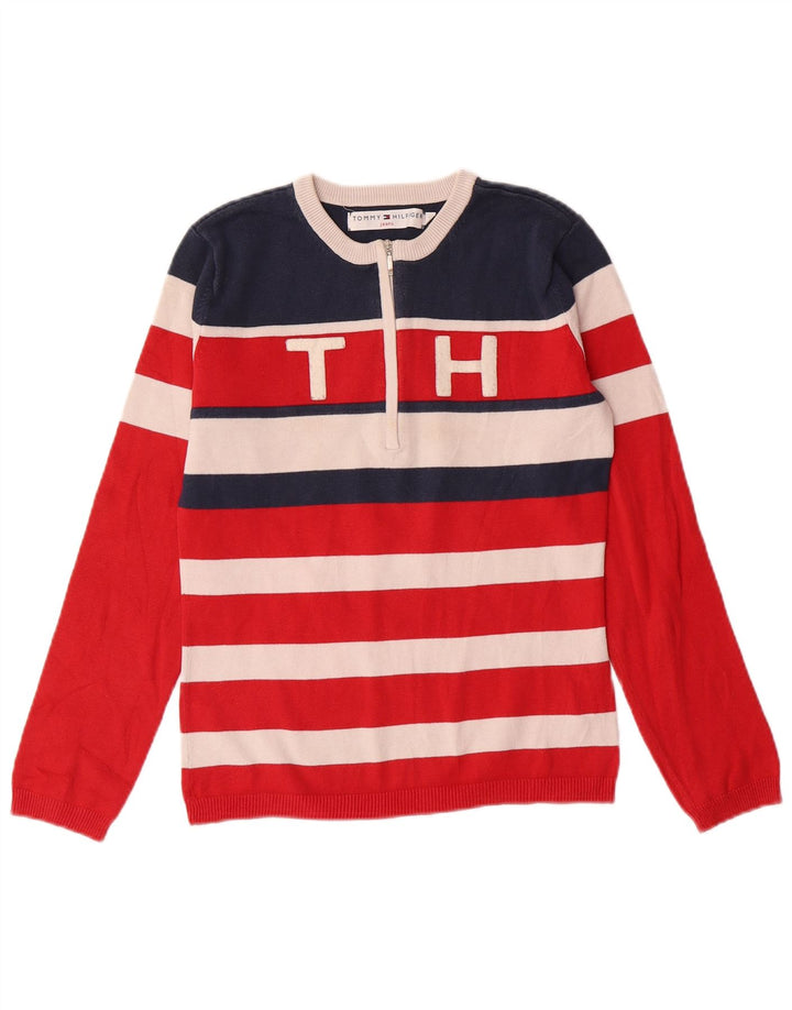 Suéter feminino TOMMY HILFIGER com zíper e gola uk 12 listrado vermelho médio
