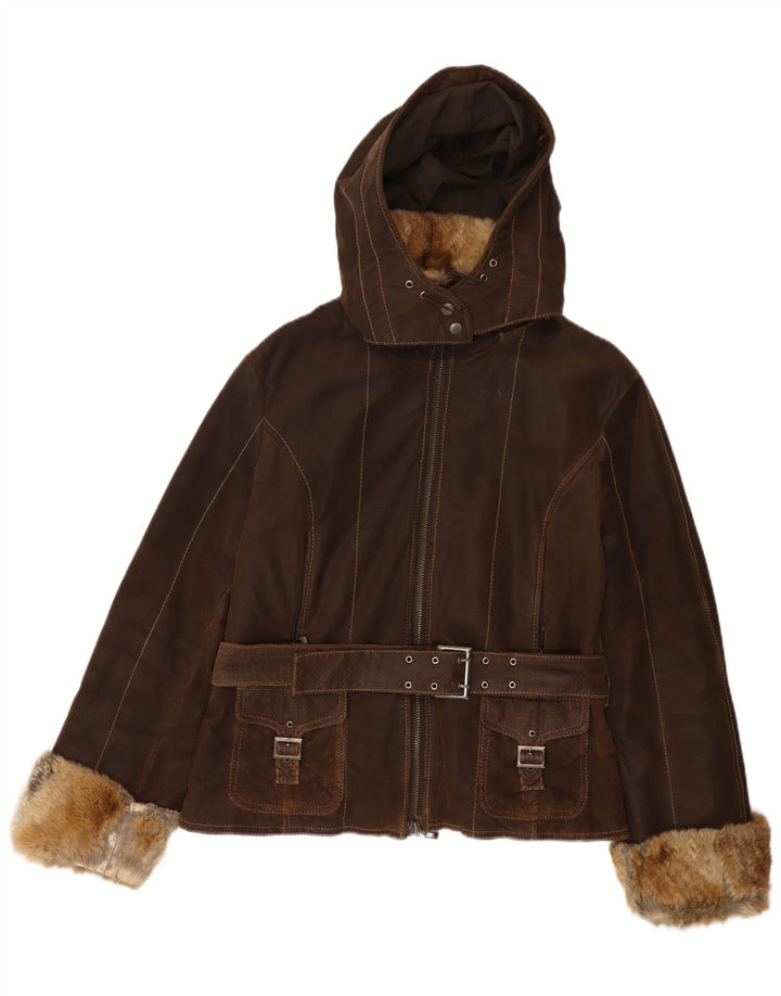 Jaqueta de couro com capuz feminino vintage IT 48 XL couro marrom