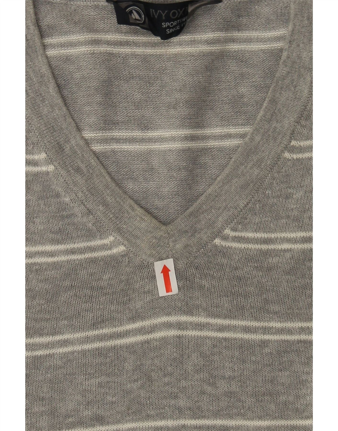 IVY OXFORD Mens V-Neck Jumper Sweater Large Grey Striped Cotton Vintage Ivy Oxford and Second-Hand Ivy Oxford from Messina Hembry 