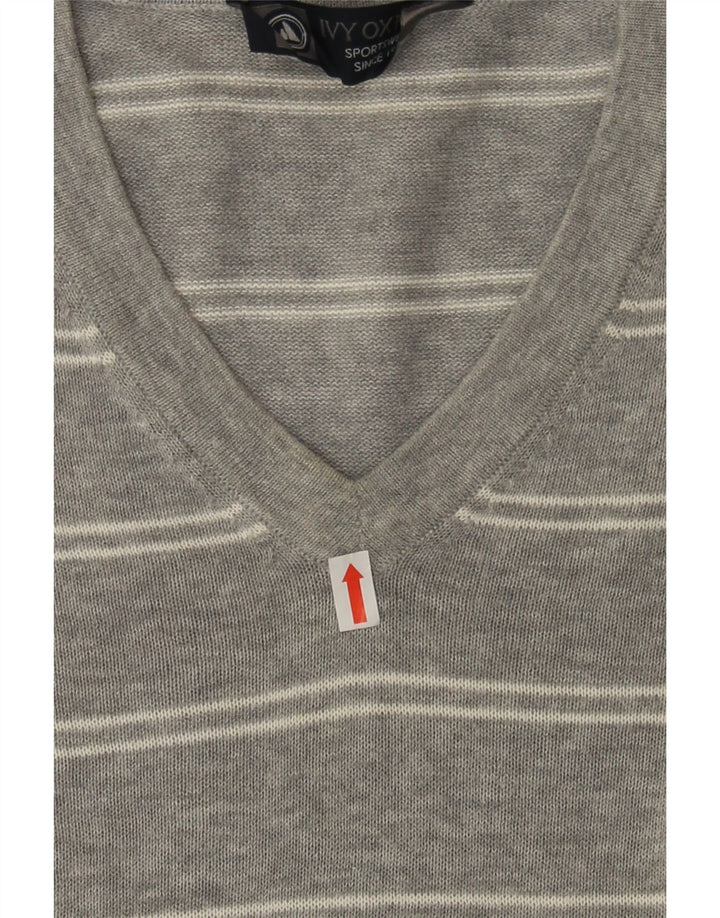 IVY OXFORD Mens V-Neck Jumper Sweater Large Grey Striped Cotton Vintage Ivy Oxford and Second-Hand Ivy Oxford from Messina Hembry 