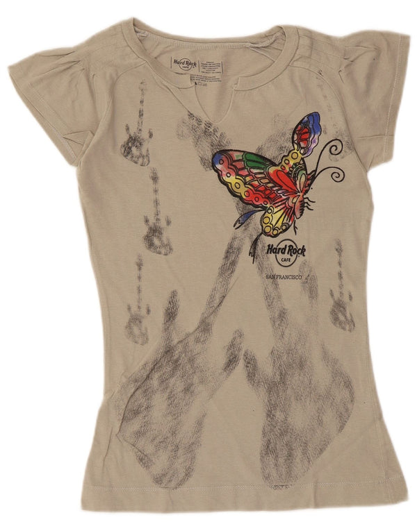 Camiseta feminina gráfica Hard Rock Cafe Top UK 8 pequena borboleta cinza