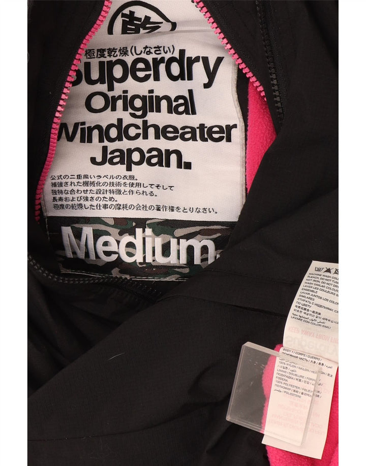 Jaqueta corta-vento feminina Superdry com capuz UK 14 médio preto nylon