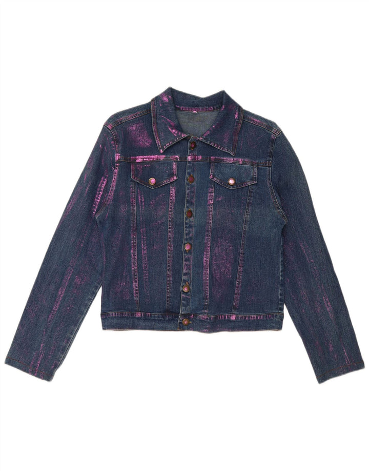 Jaqueta jeans vintage feminina UK 12 algodão tie-dye azul médio