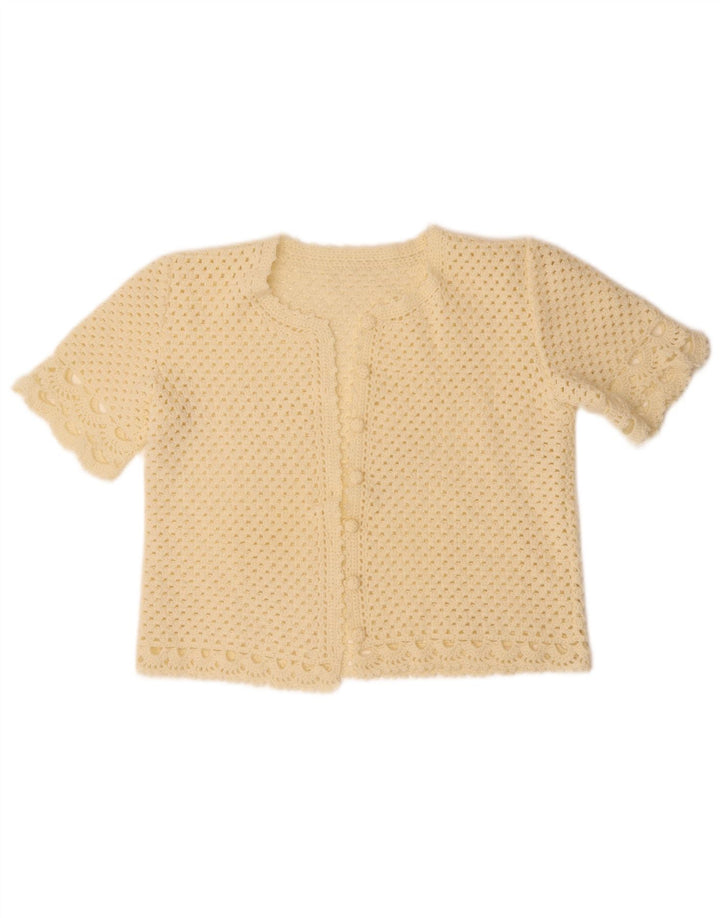 Suéter cardigã feminino VINTAGE de manga curta UK 14 médio off white
