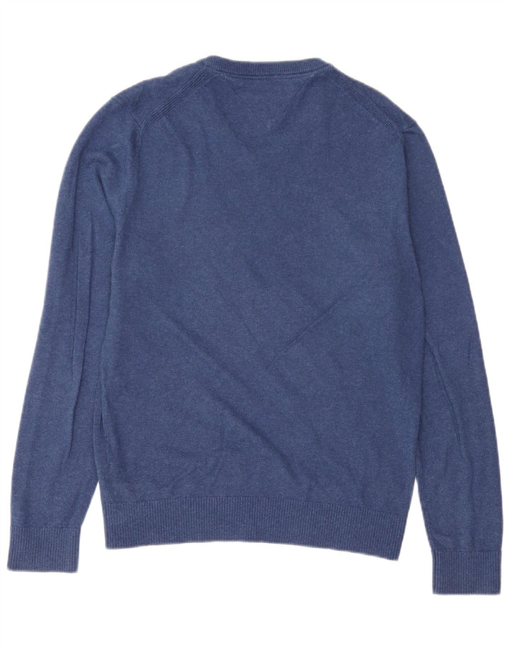 Tommy Hilfiger Suéter masculino com decote em V de algodão azul médio