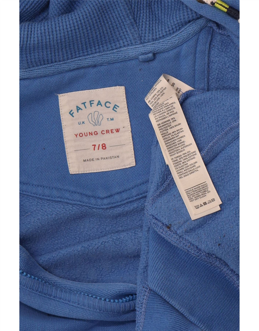 Suéter FAT FACE Boys com capuz e zíper gráfico 7-8 anos algodão azul
