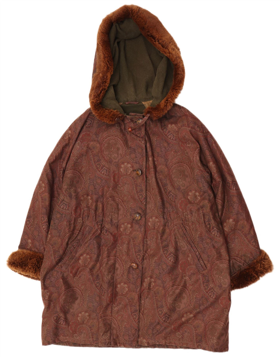 Sobretudo feminino vintage com capuz grande UE 42 grande lã paisley marrom