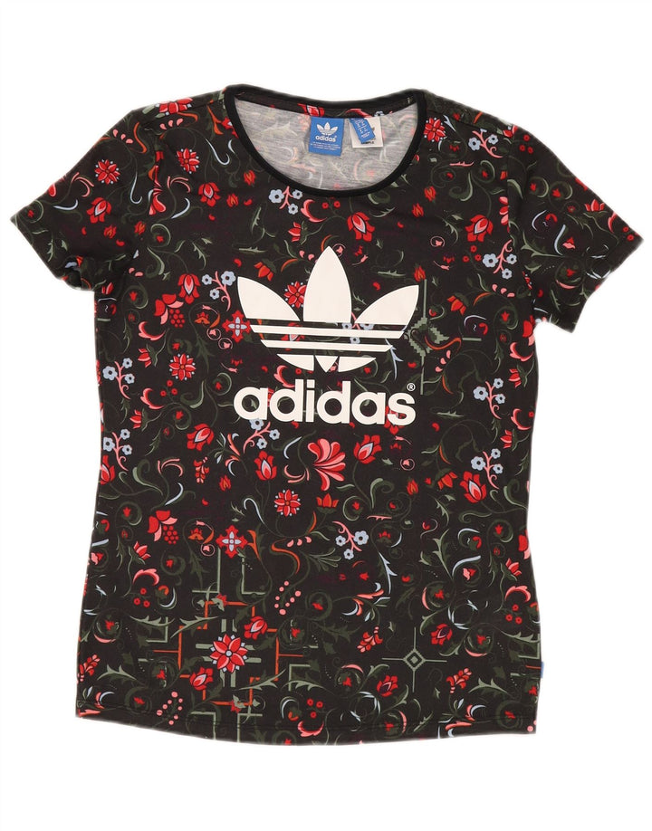 ADIDAS Womens Graphic T-Shirt Top UK 10 Pequeno Preto Floral Poliéster