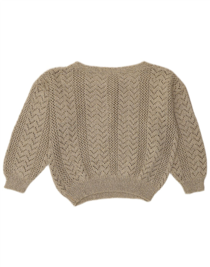 Suéter feminino vintage com gola canoa e decote em barco UK 12 cinza médio