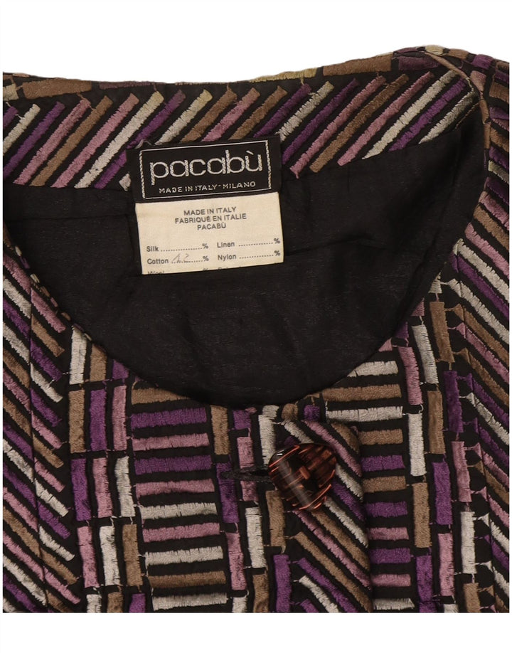 Jaqueta blazer feminina vintage com 4 botões Reino Unido 14 seda geométrica roxa média
