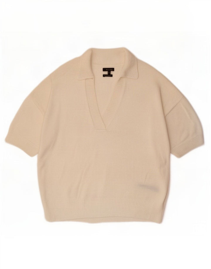 Suéter feminino Massimo Dutti com gola polo, Reino Unido 16, grande, branco