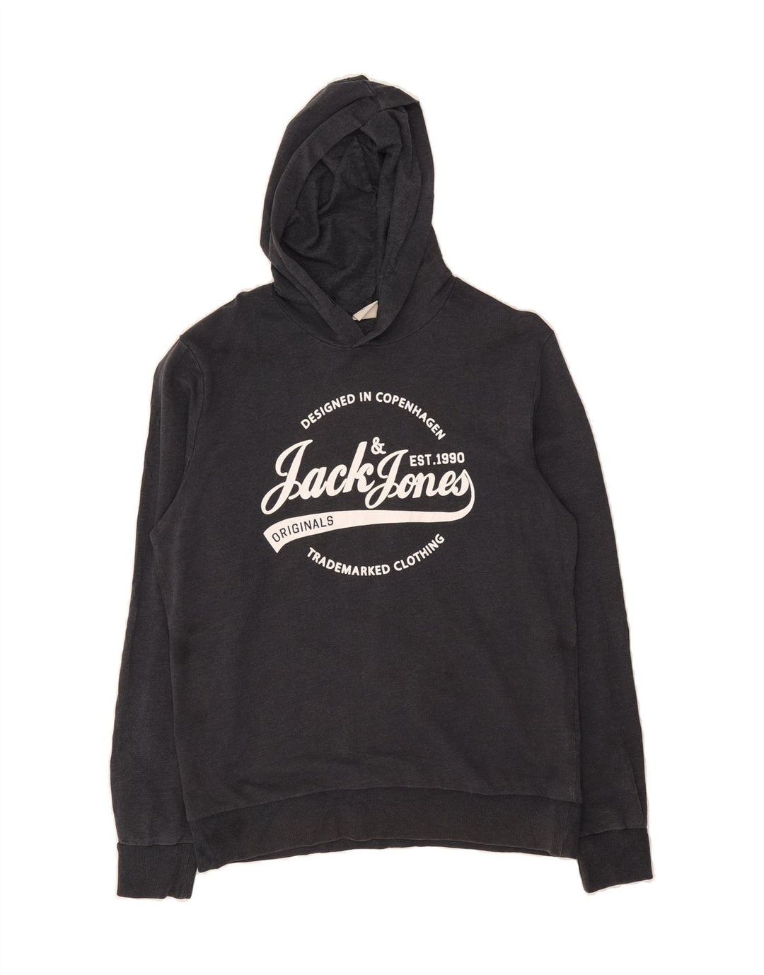 JACK & JONES Mens Graphic Hoodie Jumper Large Navy Blue Cotton Vintage Jack & Jones and Second-Hand Jack & Jones from Messina Hembry 