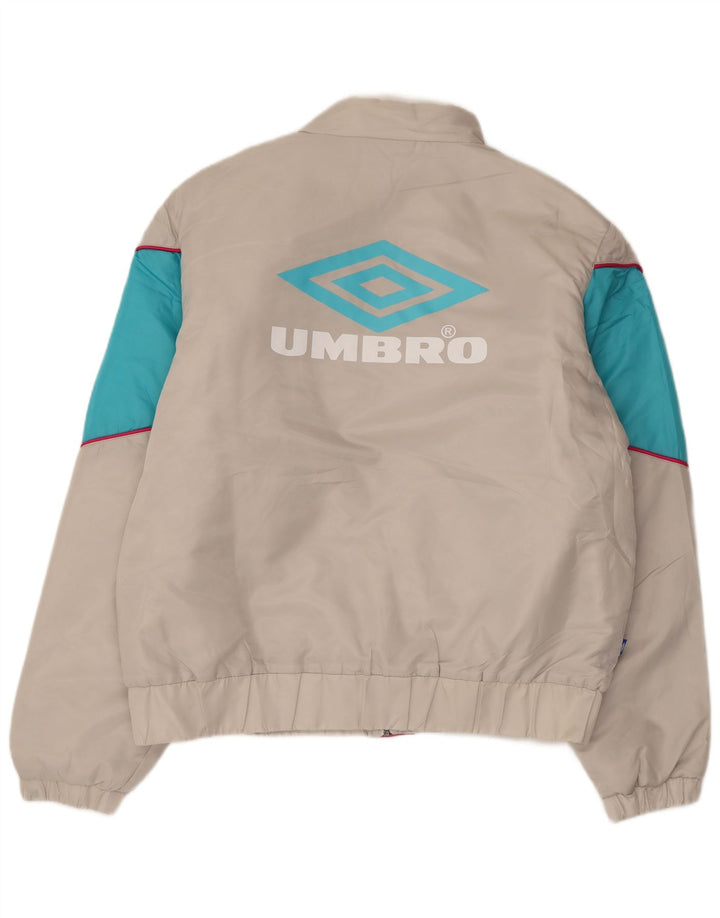 Jaqueta masculina acolchoada gráfica UMBRO Reino Unido 40 grande bloco colorido cinza nylon