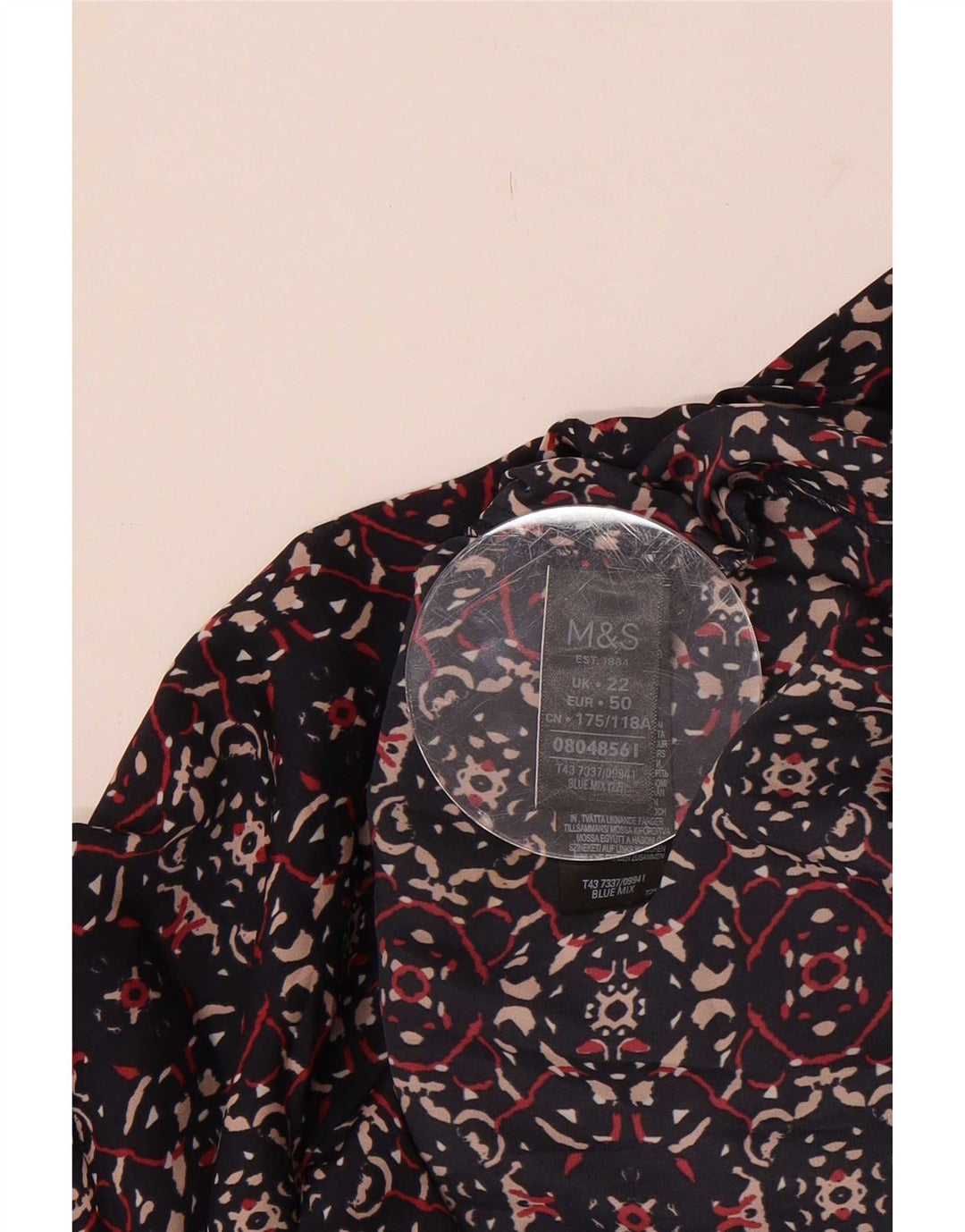 Blusa feminina Marks & Spencer com padrão abstrato Reino Unido 22 3XL azul marinho