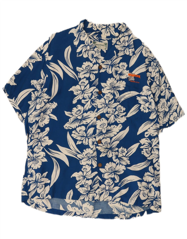 Camisa masculina de manga curta Kamehameha grande azul floral