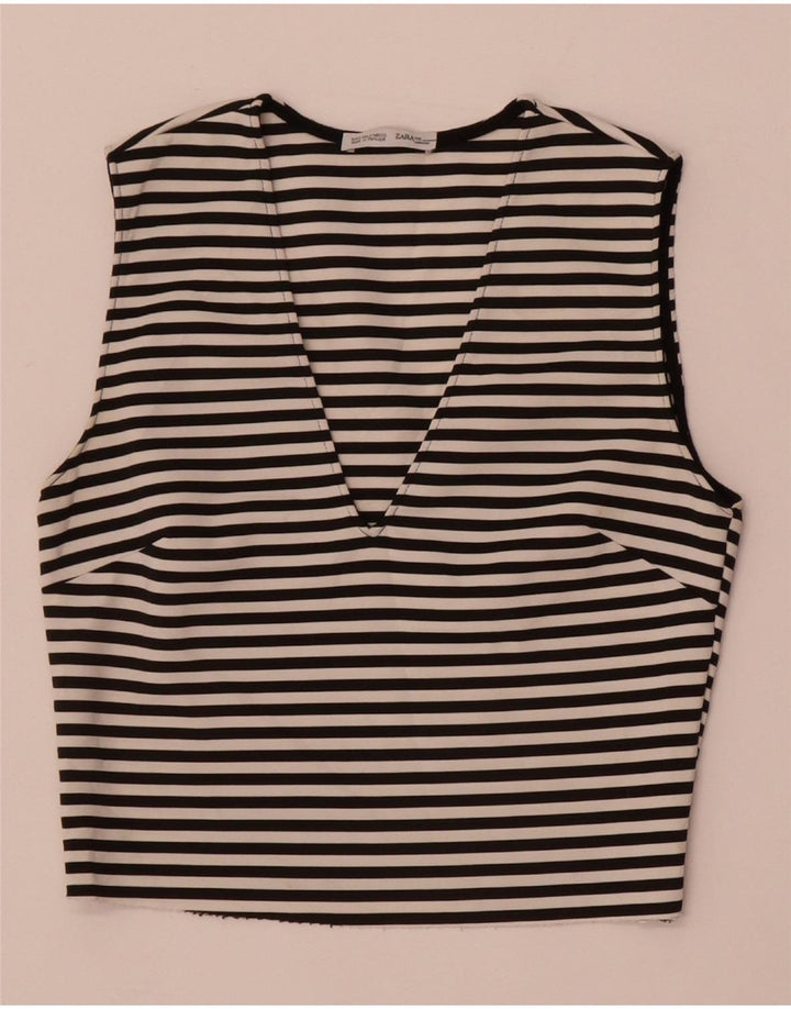 Zara Top curto sem mangas feminino UK 8 pequeno preto listrado