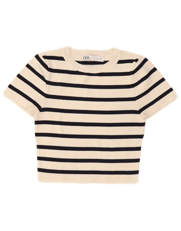 Zara Camiseta feminina cropped UK 8 pequena viscose listrada off white
