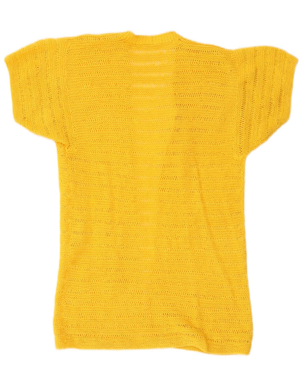 Suéter cardigã feminino vintage de manga curta com palangre UK 8 pequeno amarelo