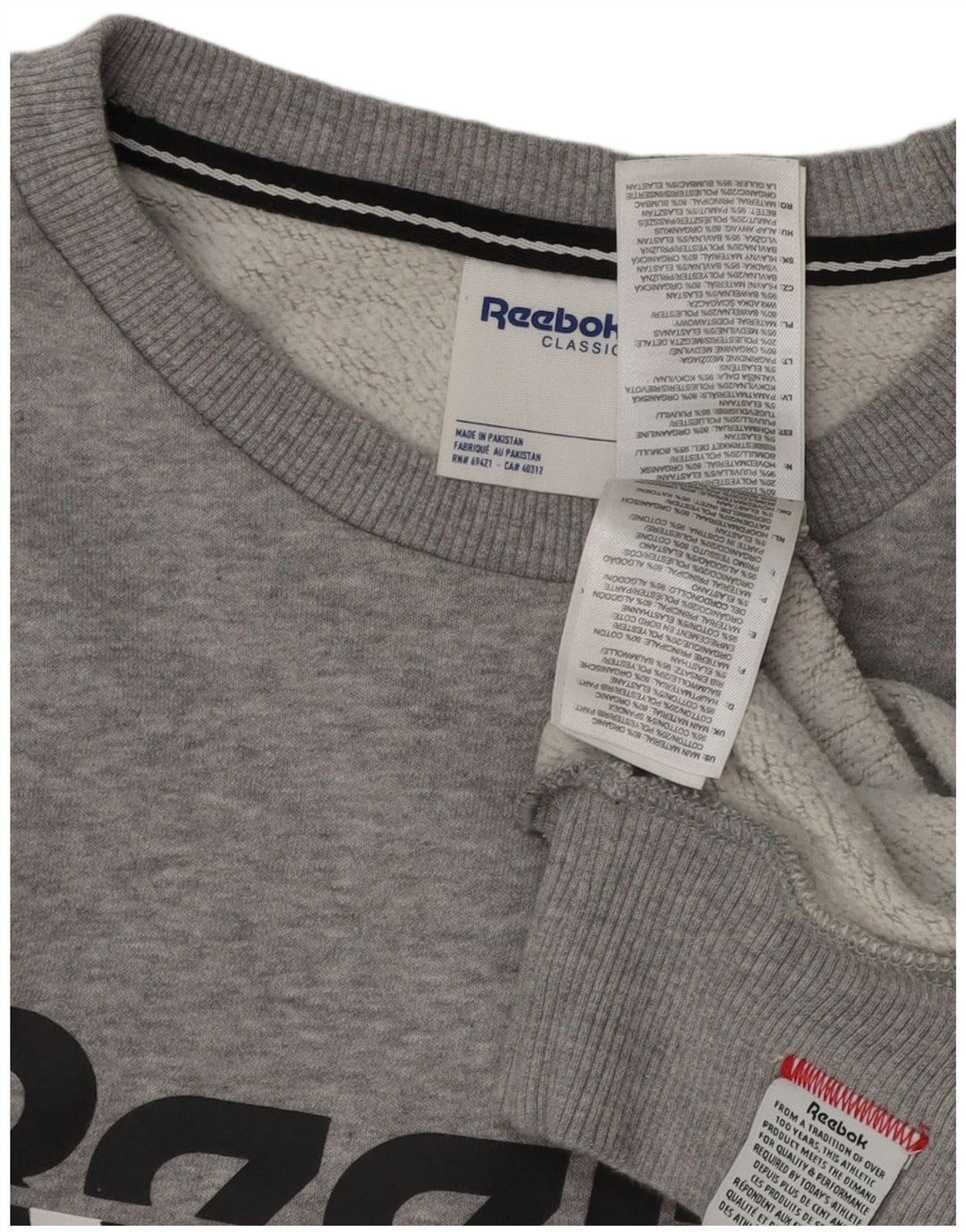 REEBOK moletom gráfico masculino jumper médio cinza algodão manchado
