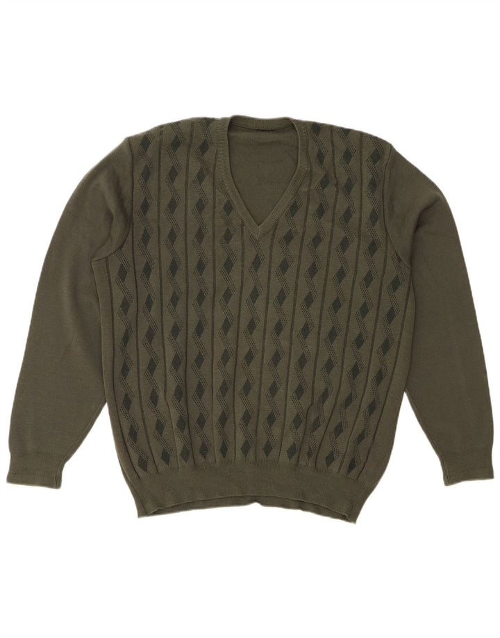 VINTAGE Mens V-Neck Jumper Sweater Large Khaki Striped