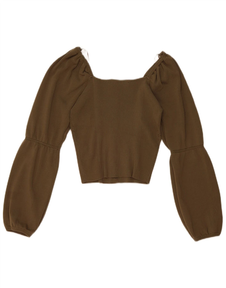 Zara Top feminino de manga comprida com ombro de fora Reino Unido 12 Nylon cáqui médio