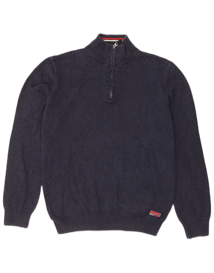 Suéter masculino Superdry com zíper e gola alta de algodão azul marinho médio