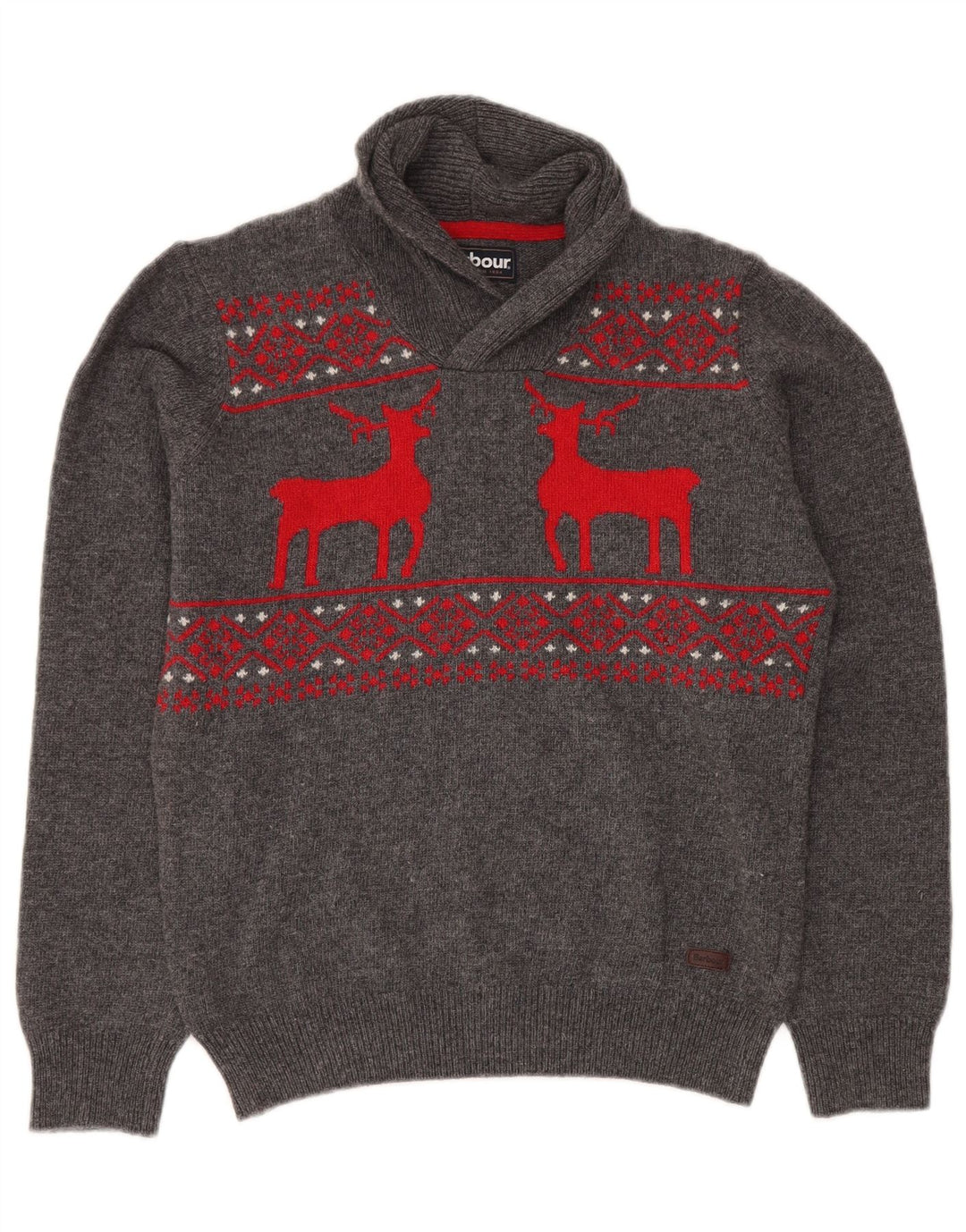 Suéter masculino BARBOUR com gola xale 15-16 anos 2XL cinza Fair Isle Wool