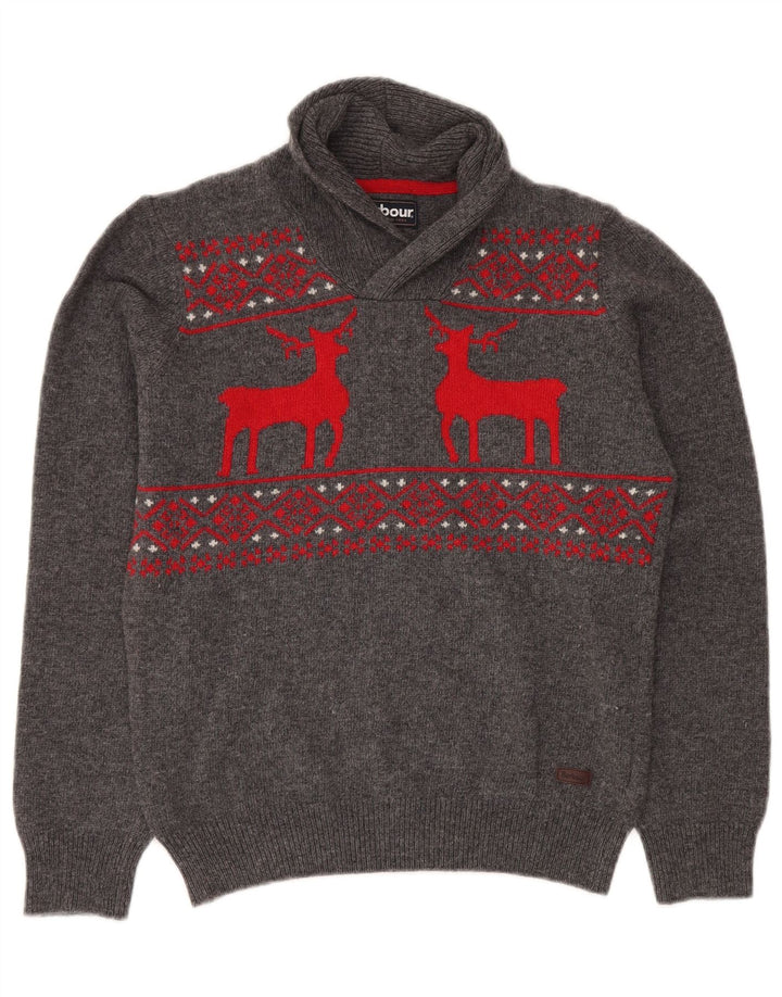 Suéter masculino BARBOUR com gola xale 15-16 anos 2XL cinza Fair Isle Wool