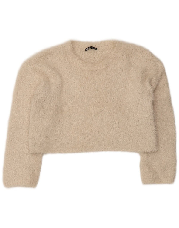 Suéter feminino Zara com gola canoa e gola redonda, poliéster bege médio 14