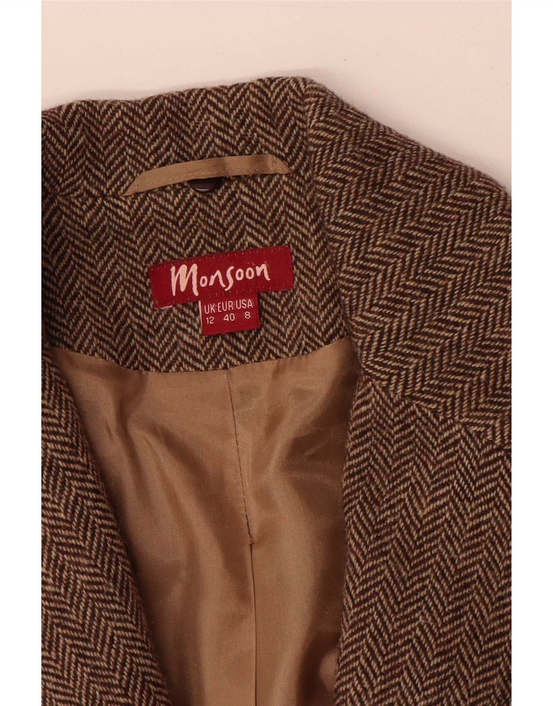 Jaqueta blazer feminina Monsoon com 2 botões Reino Unido 12 lã espinha de peixe marrom médio