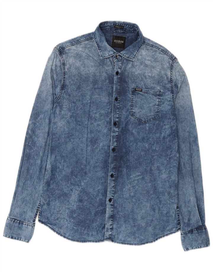 Camisa jeans masculina Guess Acid Wash Regular Fit algodão azul médio