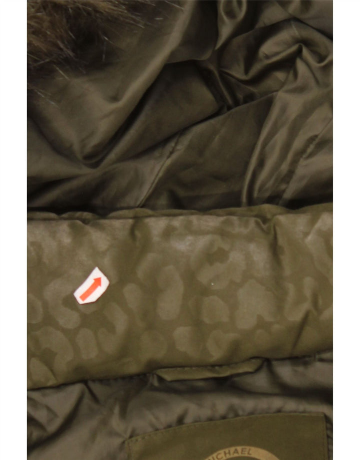 Casaco feminino acolchoado com capuz MICHAEL KORS Reino Unido 14 médio cáqui estampa animal