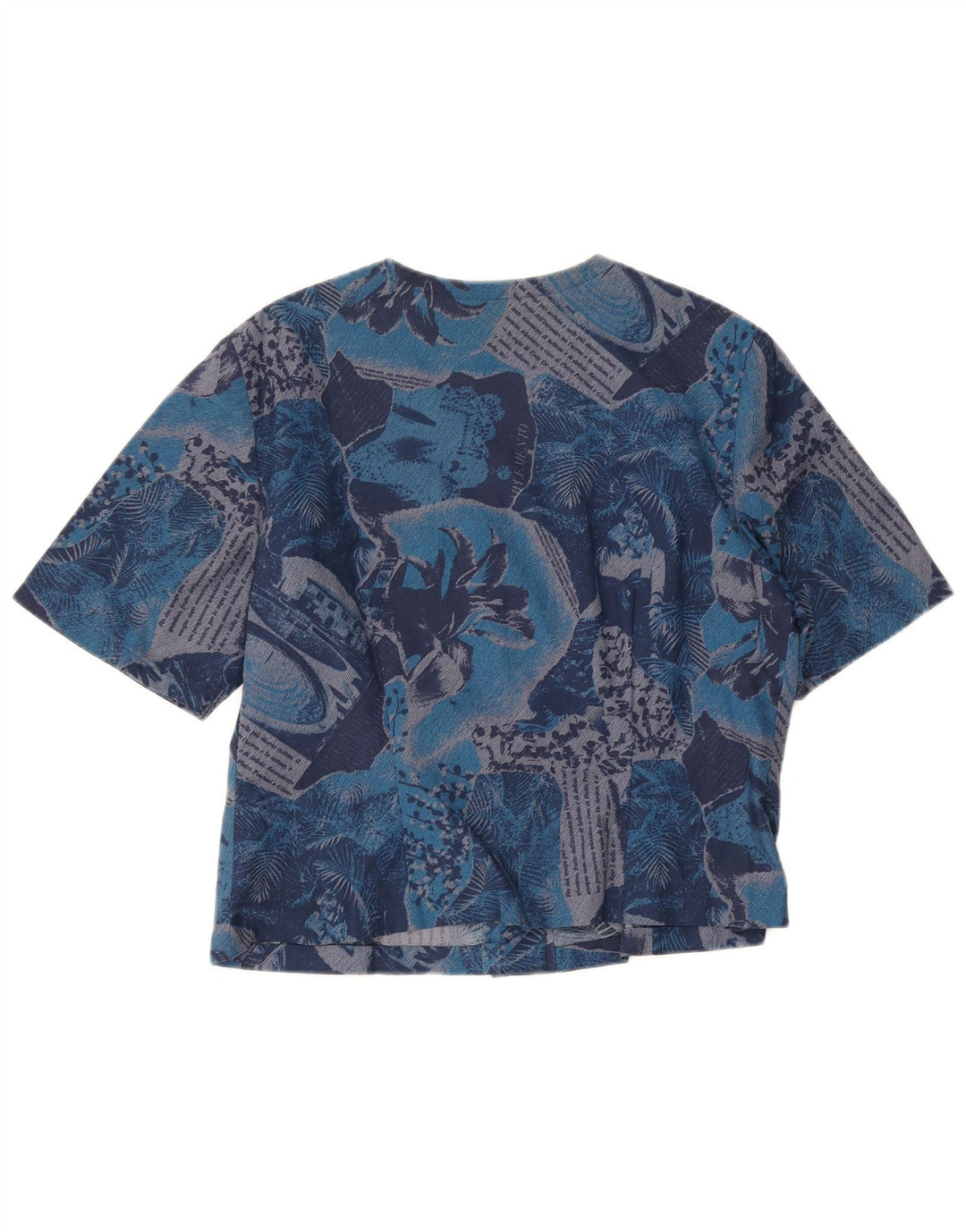 Blusa feminina vintage de manga curta com estampa gráfica Reino Unido 14 azul médio
