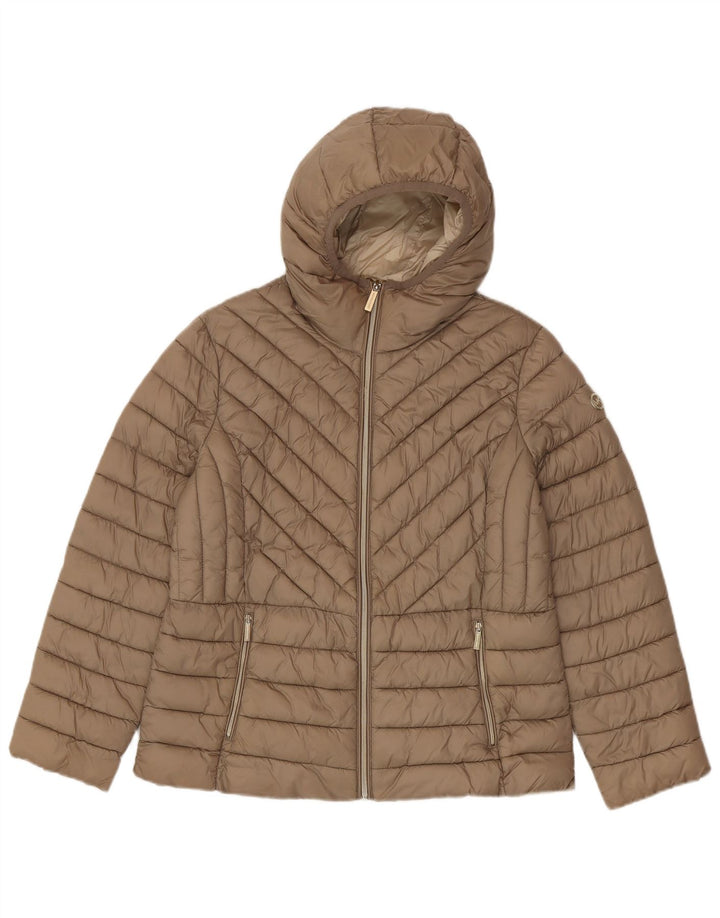 Jaqueta feminina acolchoada com capuz Michael Kors UK 16 grande marrom nylon