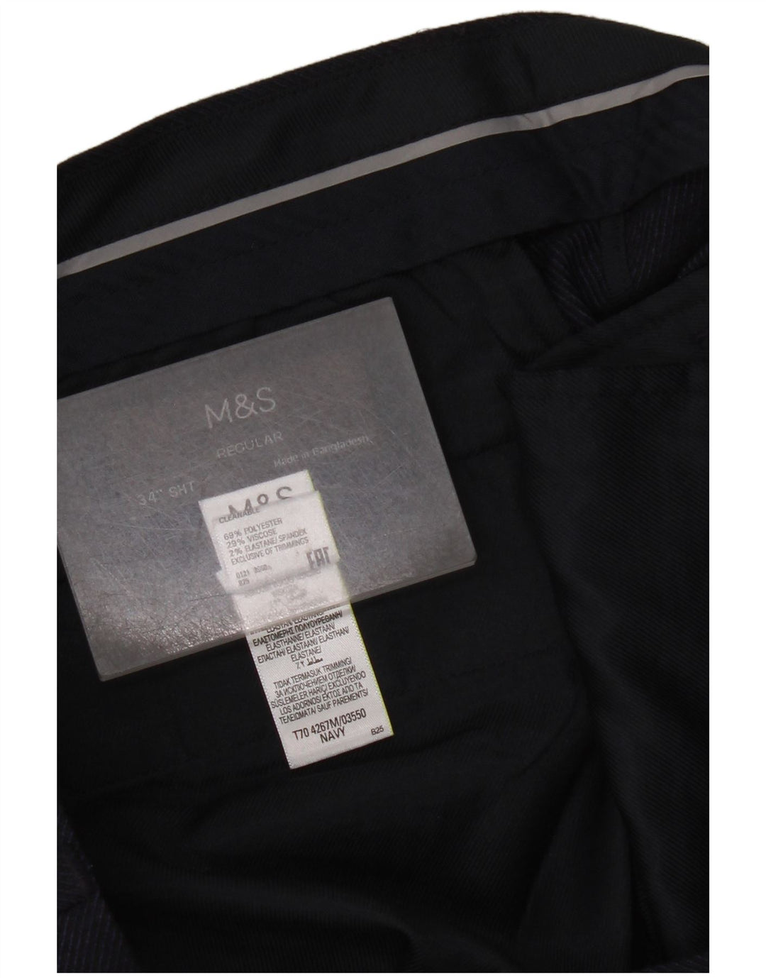 Calça masculina de terno reto Marks & Spencer W34 L29 poliéster azul marinho