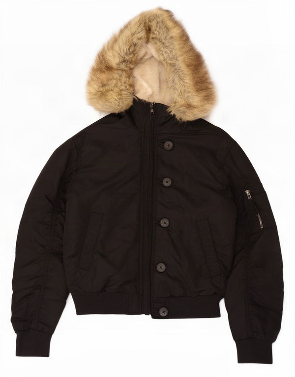 Jaqueta feminina Sherpa com capuz grande Jack Wills Reino Unido 6 XS poliéster preto