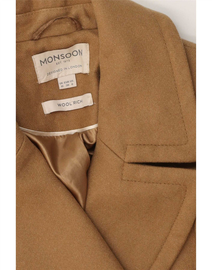 Monsoon Womens Pea Coat Reino Unido 10 Lã Marrom Pequena