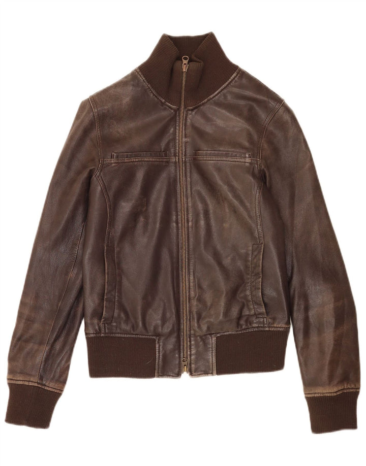 Jaqueta bomber feminina Sisley de couro UK 6 XS couro marrom