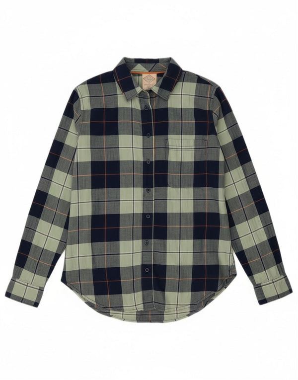 Camisa clássica feminina de flanela St John's Bay UK 6 XS azul marinho xadrez algodão