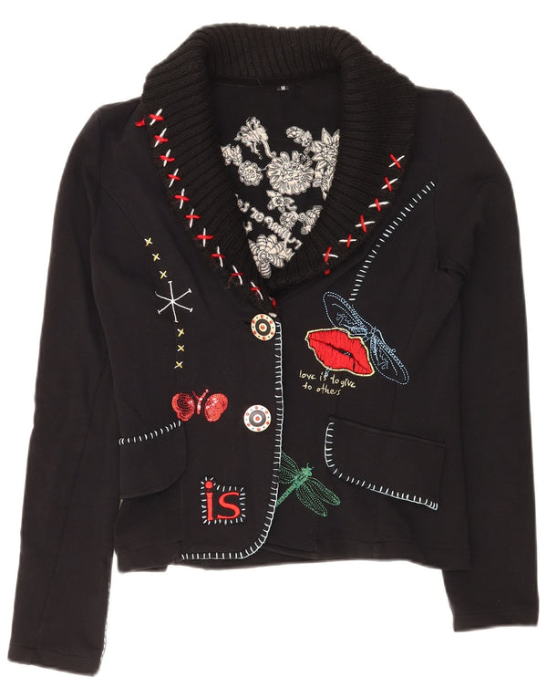 Jaqueta blazer feminina vintage gráfica com 2 botões Reino Unido 12 médio preto floral