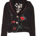 Jaqueta blazer feminina vintage gráfica com 2 botões Reino Unido 12 médio preto floral