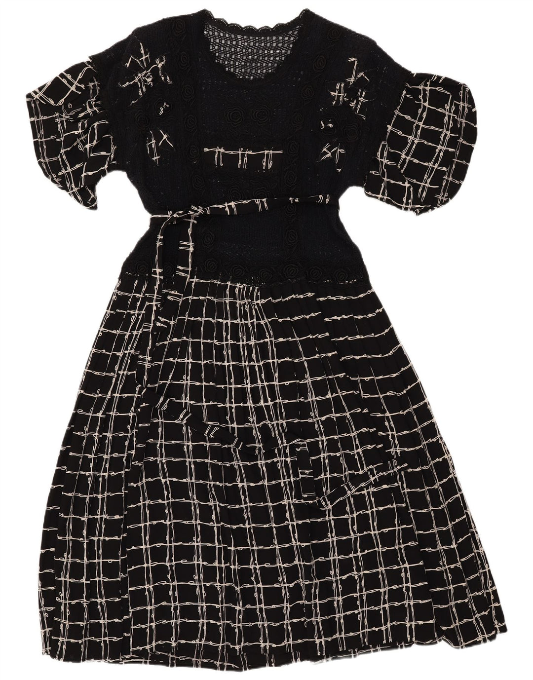 Vestido maxi feminino de crochê VINTAGE Reino Unido 12 xadrez preto médio