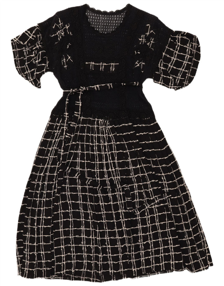 Vestido maxi feminino de crochê VINTAGE Reino Unido 12 xadrez preto médio