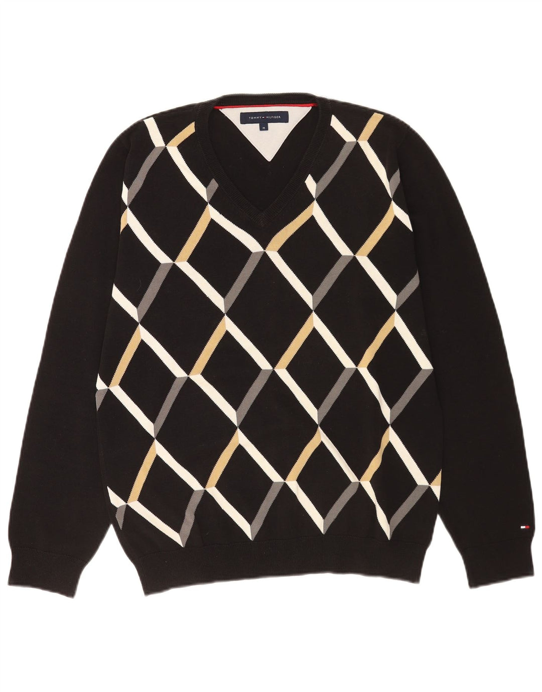 Suéter masculino Tommy Hilfiger com decote em V médio preto argyle/diamante