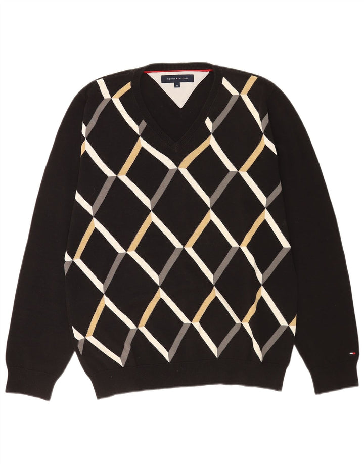 Suéter masculino Tommy Hilfiger com decote em V médio preto argyle/diamante