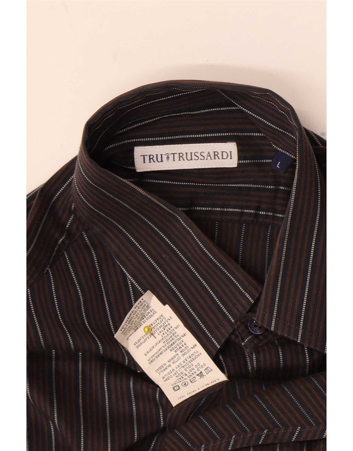 Camisa masculina Trussardi grande algodão listrado marrom